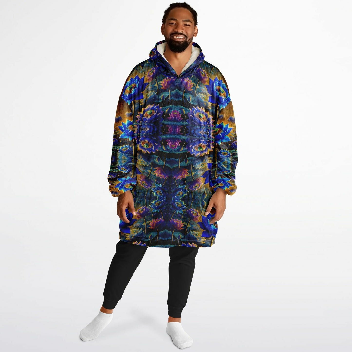 Blue Lotus Flower Snug Hoodie – Oversized Fleece-Lined Wearable Blanket, Unisex Cozy Loungewear (One-Size Fits Up to 5XL)
