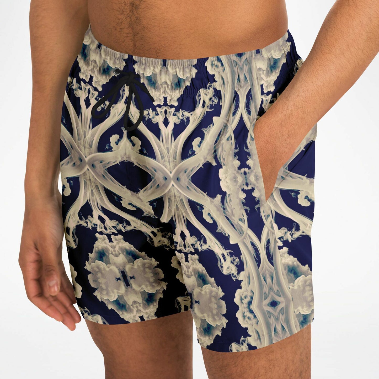 Clear Smoke Cymatic Men’s Swim Trunks – Futuristic, Quick-Dry & Stylish Above-the-Knee Swimwear