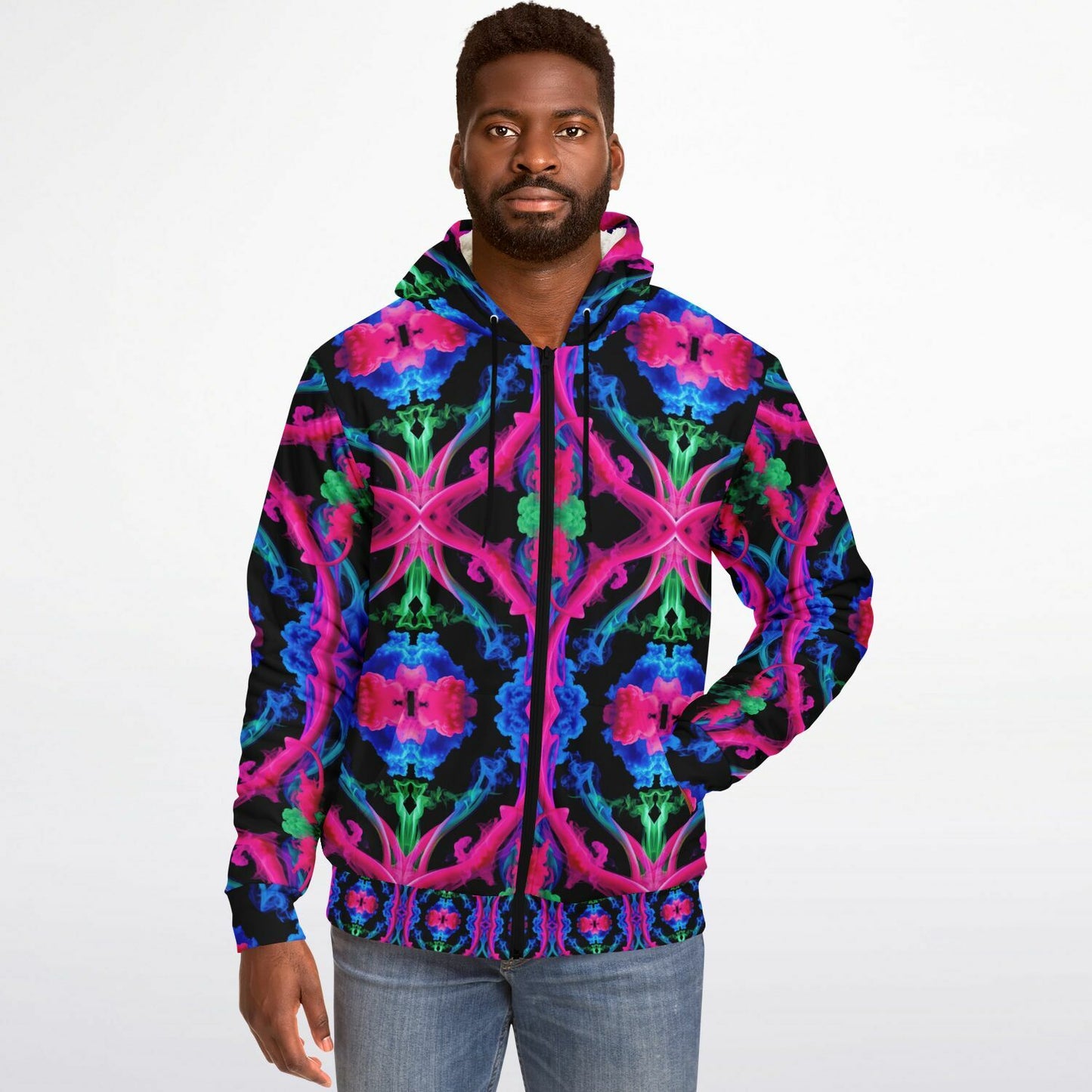 Neon Spectrum Cymatic Microfleece Zip Hoodie – Vibrant, Cozy & Bold All-Over Print Jacket