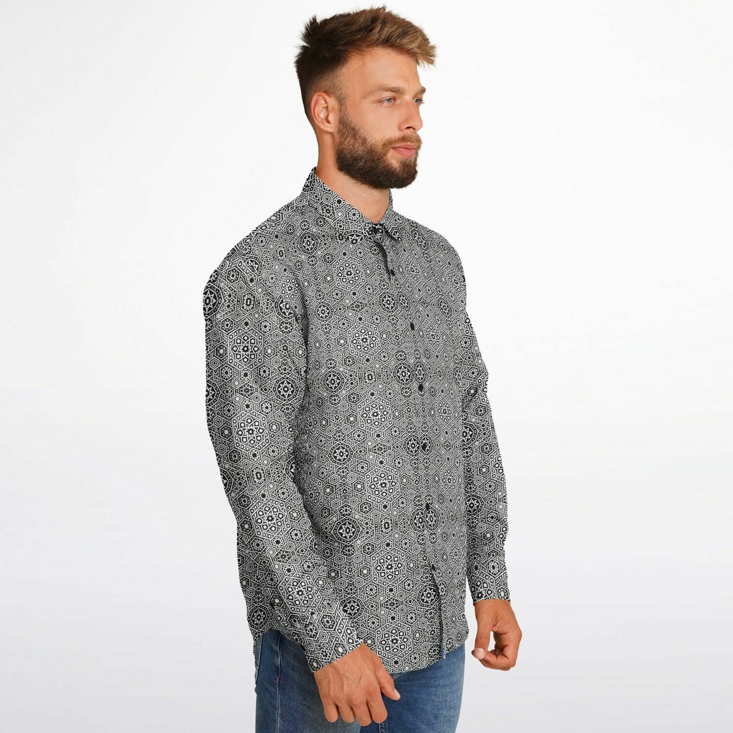 Grey Geometric Long Sleeve Button-Down Shirt – Stylish All-Over Print, Modern Casual & Formal Wear
