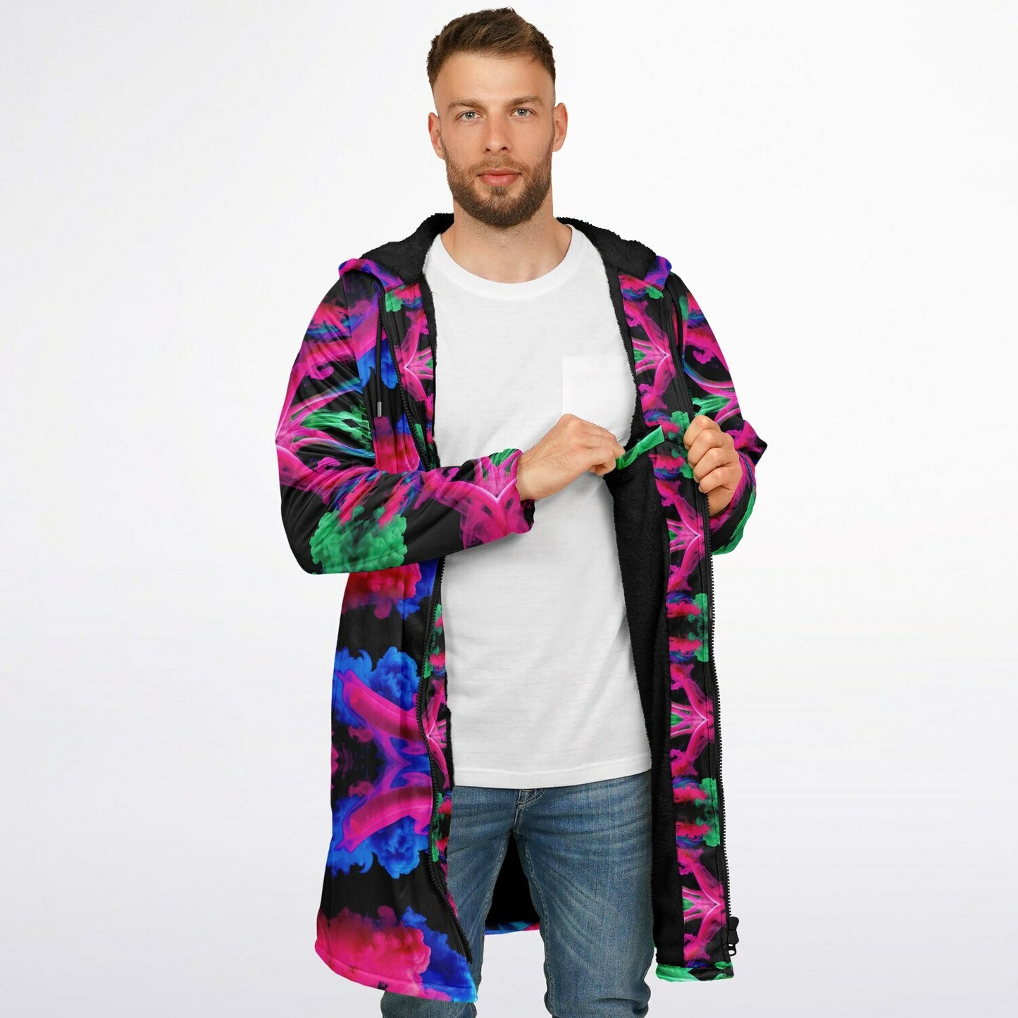 Neon Spectrum Cymatic Zip Cloak – Bold, Futuristic & Ultra-Cozy Longline Jacket