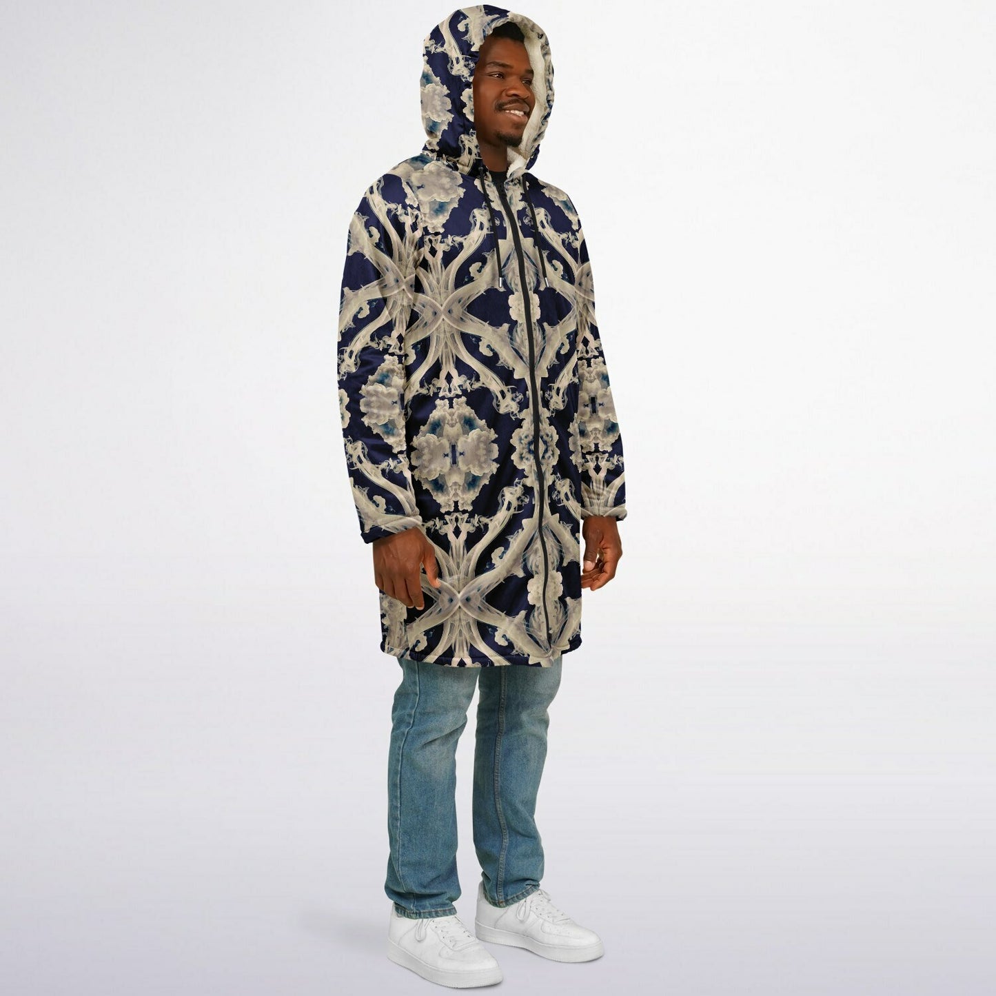 Clear Smoke Cymatic Zip Cloak – Sleek, Futuristic & Ultra-Cozy Longline Jacket