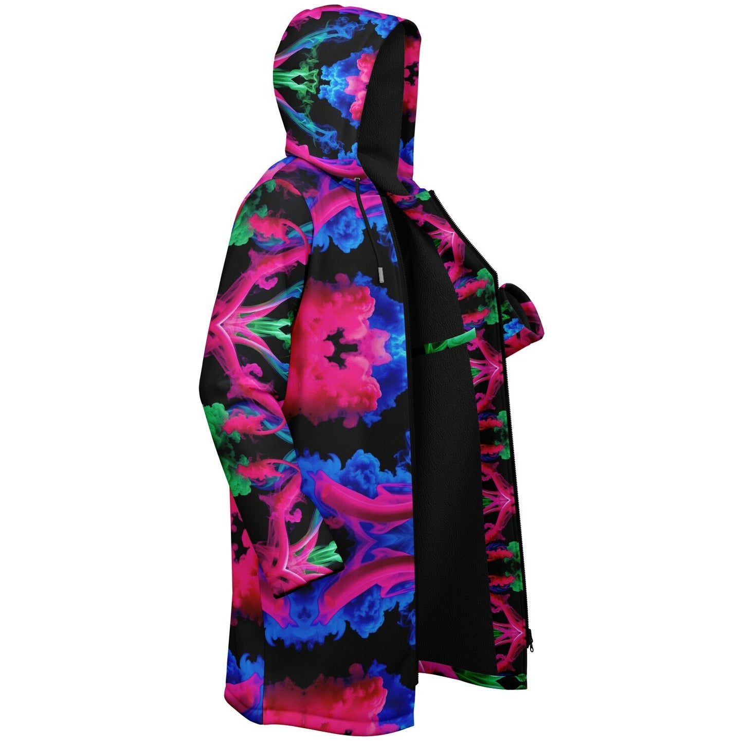 Neon Spectrum Cymatic Zip Cloak – Bold, Futuristic & Ultra-Cozy Longline Jacket