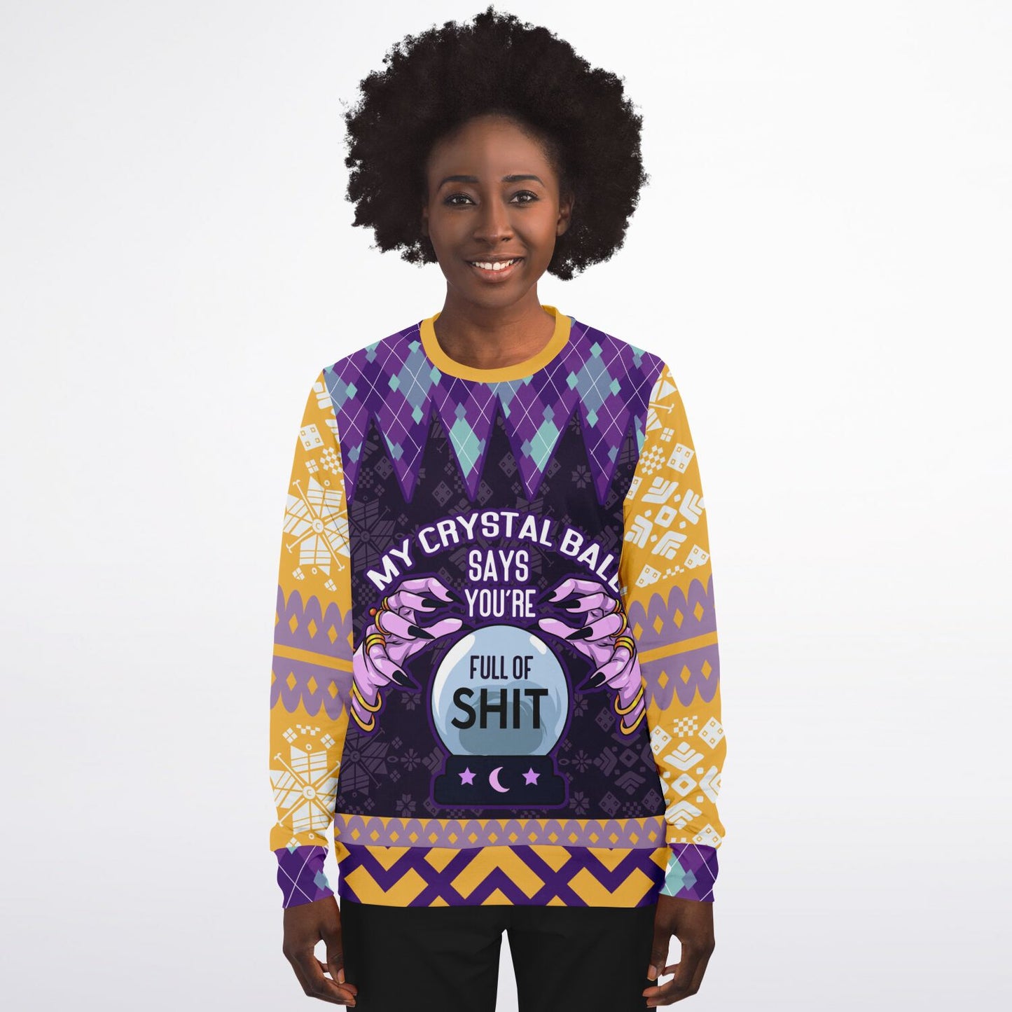 Spiritual Crystal Ball Sweatshirt – Mystical Aesthetic Jumper with Purple Hands, Celestial Snowflakes & Funny Quote