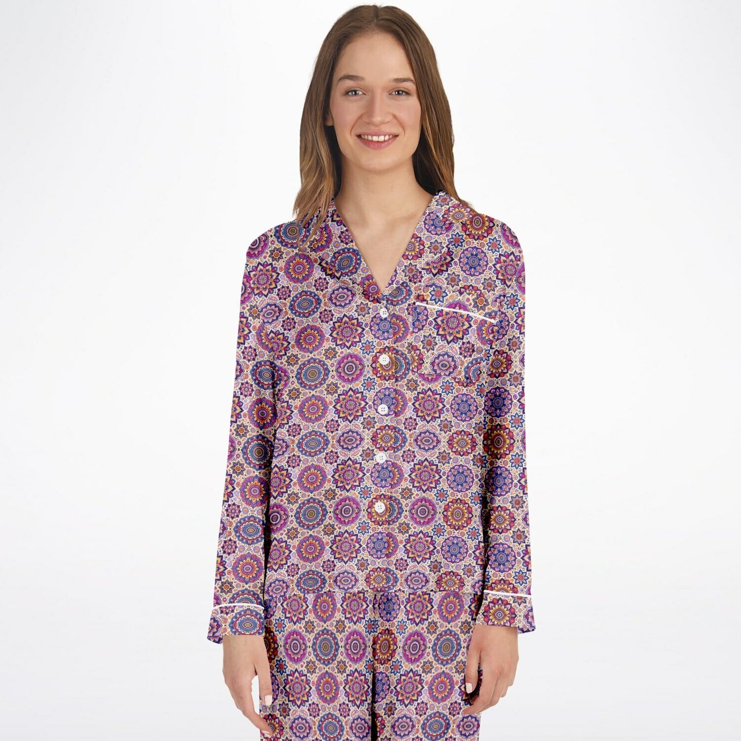 Luxury Pink Geometric Women’s Satin Pyjamas – All-Over Print Elegant Sleepwear, Soft & Comfortable Pajama Set for Women