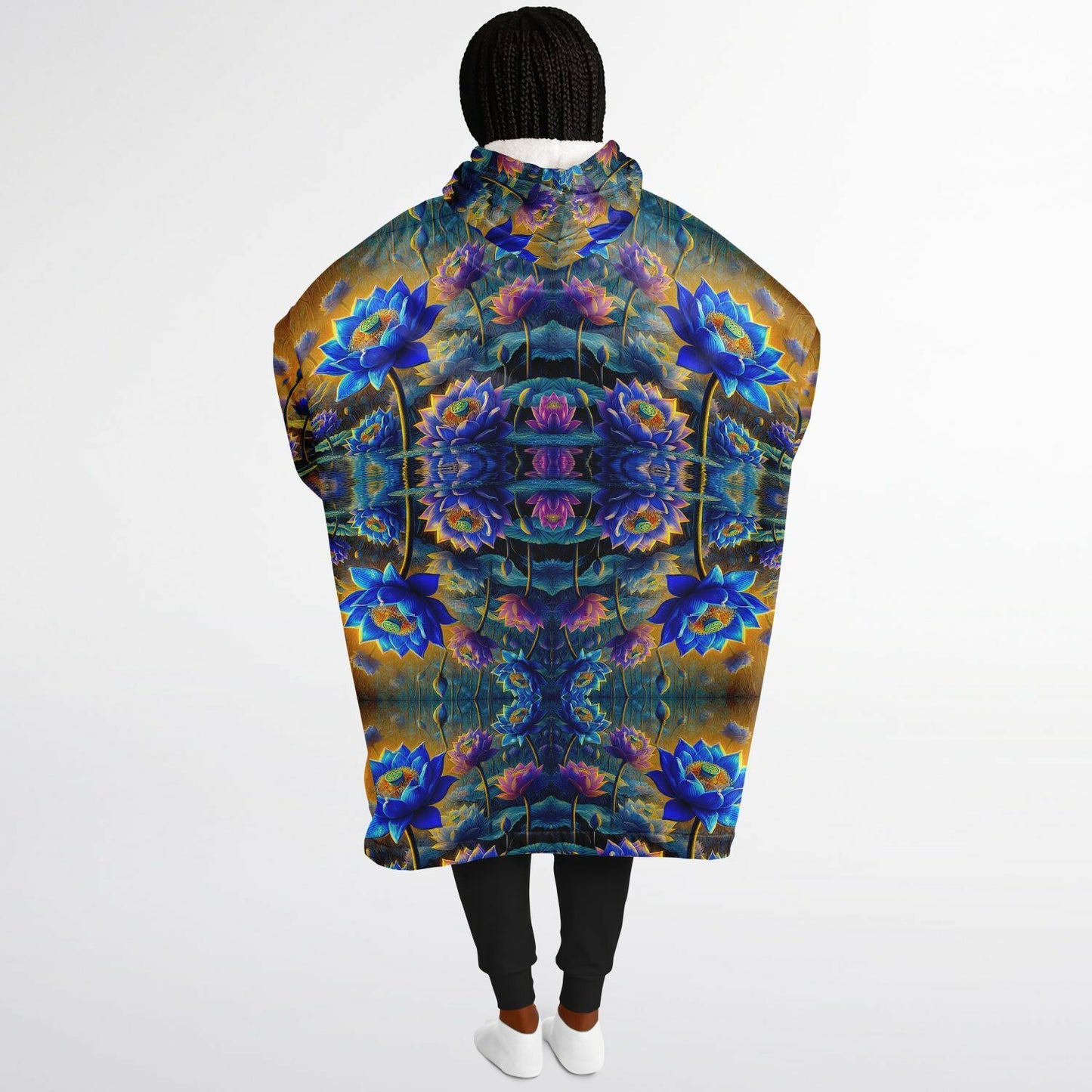 Blue Lotus Flower Snug Hoodie – Oversized Fleece-Lined Wearable Blanket, Unisex Cozy Loungewear (One-Size Fits Up to 5XL)