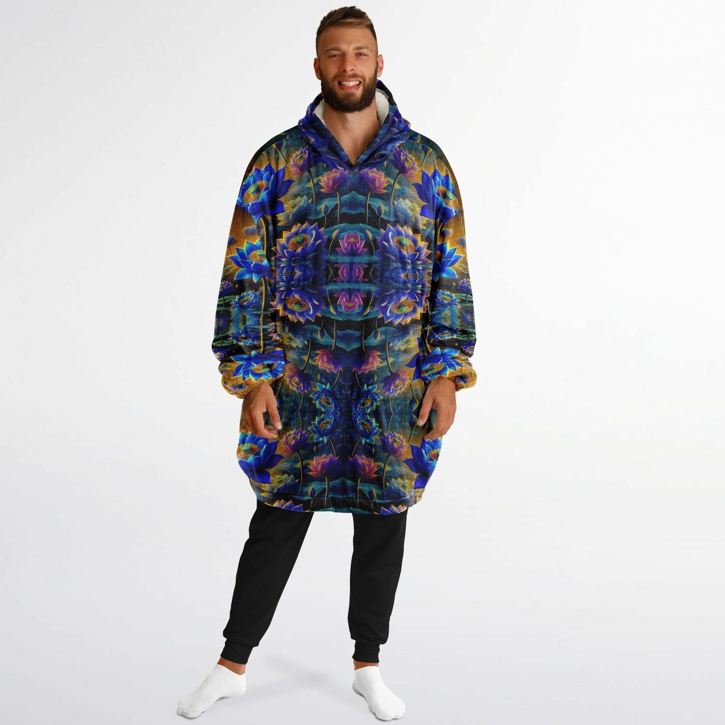 Blue Lotus Flower Snug Hoodie – Oversized Fleece-Lined Wearable Blanket, Unisex Cozy Loungewear (One-Size Fits Up to 5XL)