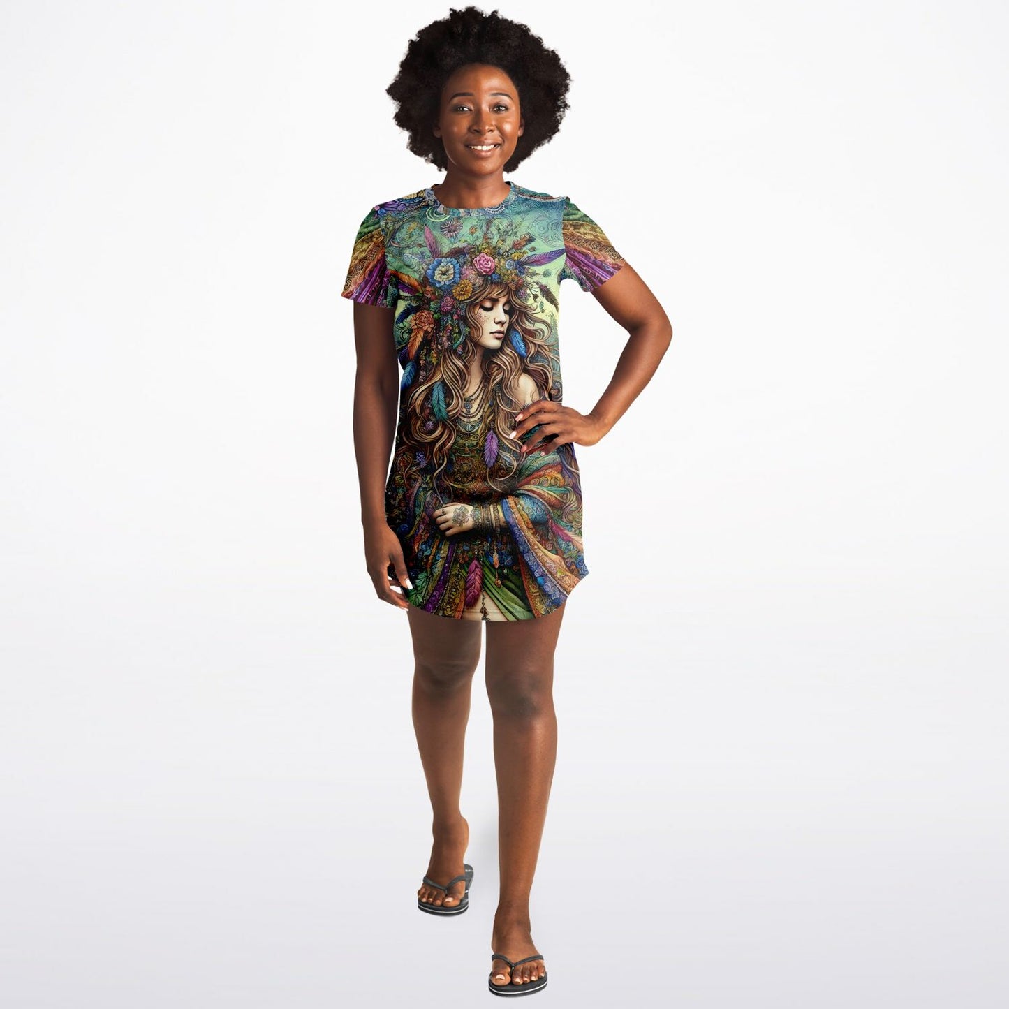 Spiritual Goddess Trinity Collection T-Shirt Dress – Unique Faces, Premium All-Over Print (AOP) for Boho Style and Comfort