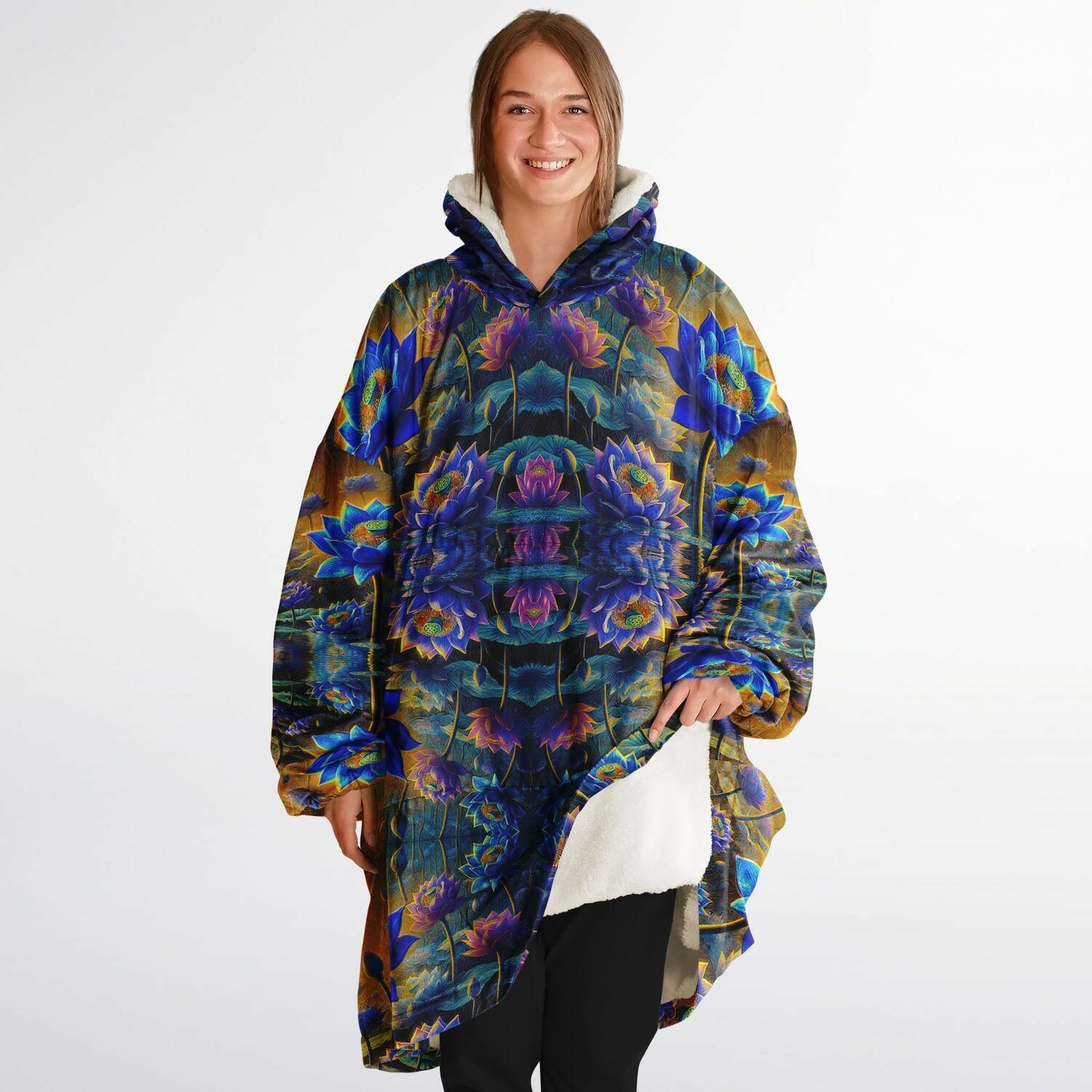 Blue Lotus Flower Snug Hoodie – Oversized Fleece-Lined Wearable Blanket, Unisex Cozy Loungewear (One-Size Fits Up to 5XL)
