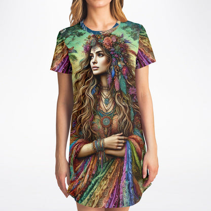 Spiritual Goddess Trinity Collection T-Shirt Dress – Vibrant All-Over Print (AOP) Featuring Unique Faces for Boho Chic Comfort