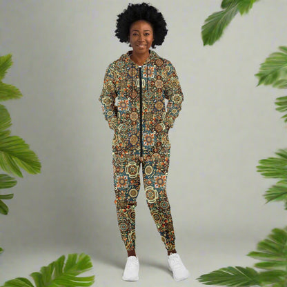 Boho Patchwork Zip Hoodie & Jogger Set – Bohemian Style Loungewear, Trendy All-Over Print Tracksuit, Casual Streetwear & Comfortable Activewear