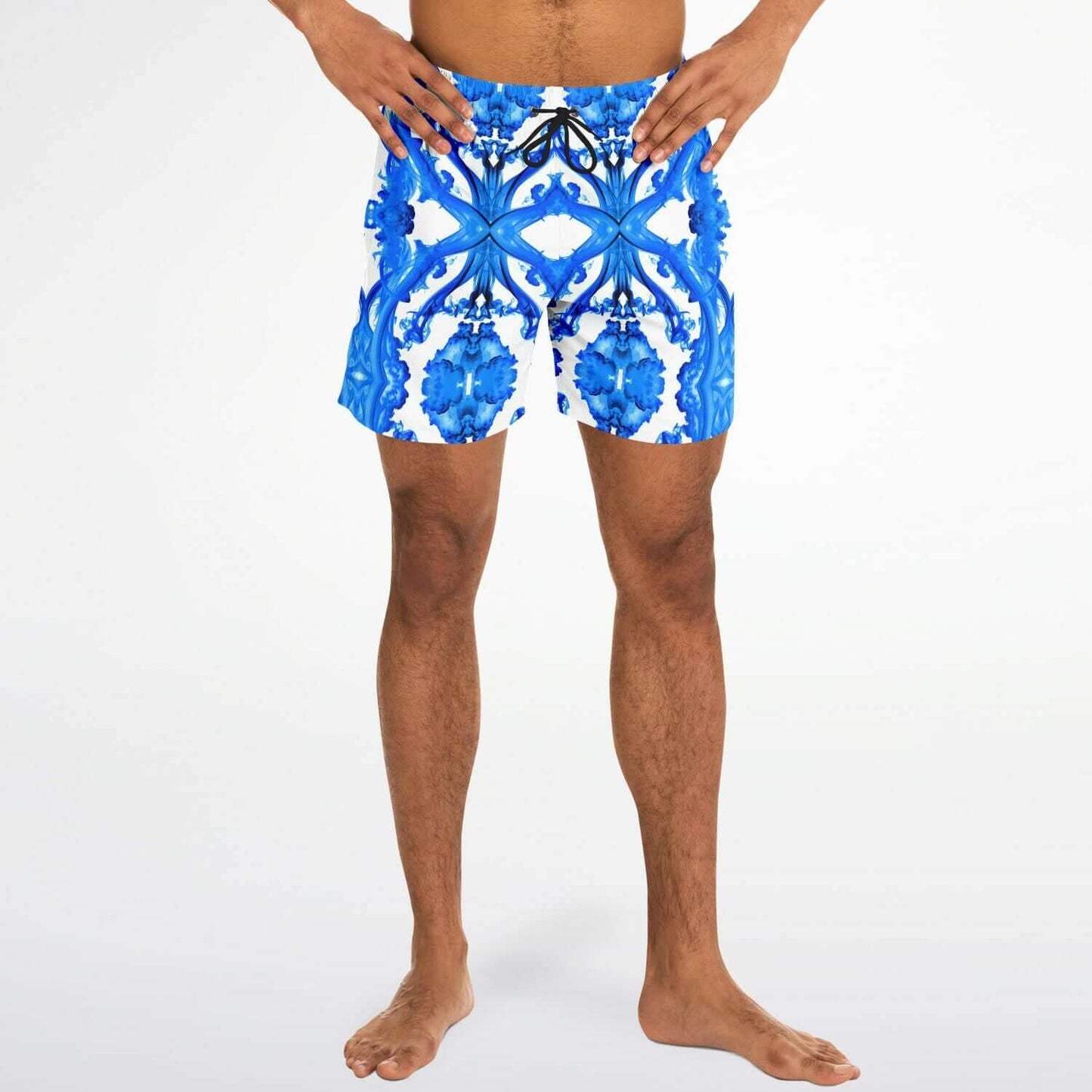 Ocean Blue Cymatic Men’s Swim Shorts on a model, featuring a stylish design and quick-dry fabric for performance.