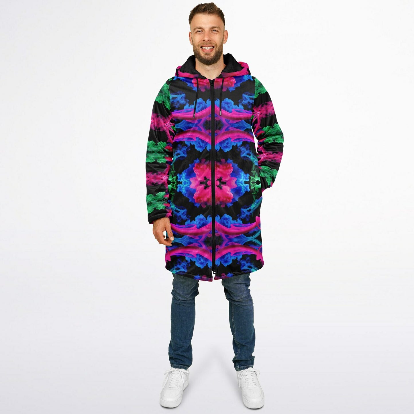 Neon Spectrum Cymatic Zip Cloak – Bold, Futuristic & Ultra-Cozy Longline Jacket