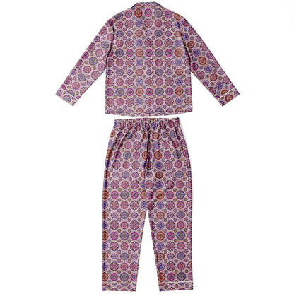 Luxury Pink Geometric Women’s Satin Pyjamas – All-Over Print Elegant Sleepwear, Soft & Comfortable Pajama Set for Women