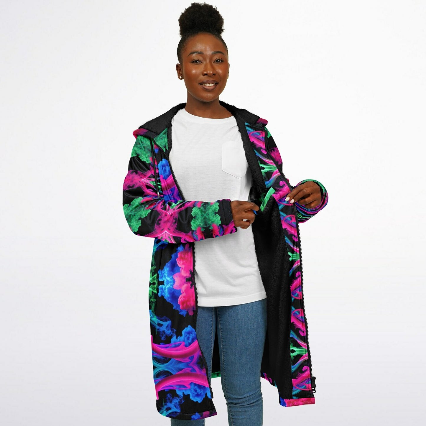 Neon Spectrum Cymatic Zip Cloak – Bold, Futuristic & Ultra-Cozy Longline Jacket