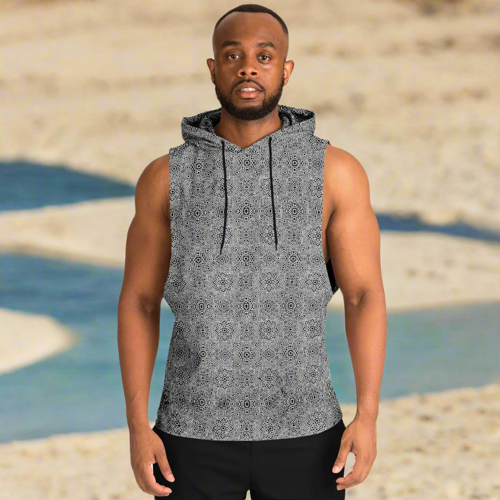 Geometric Grey Drop Armhole Hoodie – Menswear All-Over Print (AOP) | Streetwear-Inspired, Fleece-Lined, Oversized Hoodie