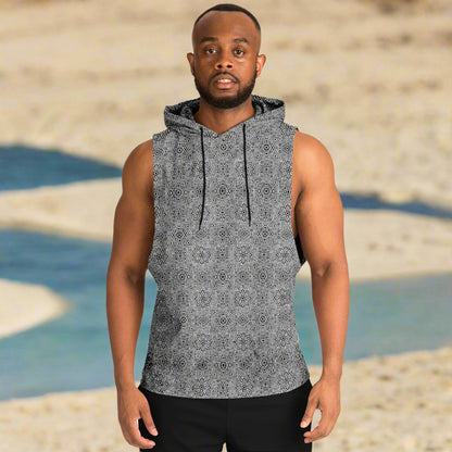 Geometric Grey Drop Armhole Hoodie – Menswear All-Over Print (AOP) | Streetwear-Inspired, Fleece-Lined, Oversized Hoodie