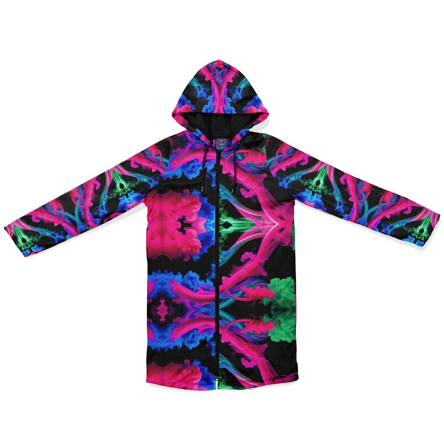 Neon Spectrum Cymatic Zip Cloak – Bold, Futuristic & Ultra-Cozy Longline Jacket