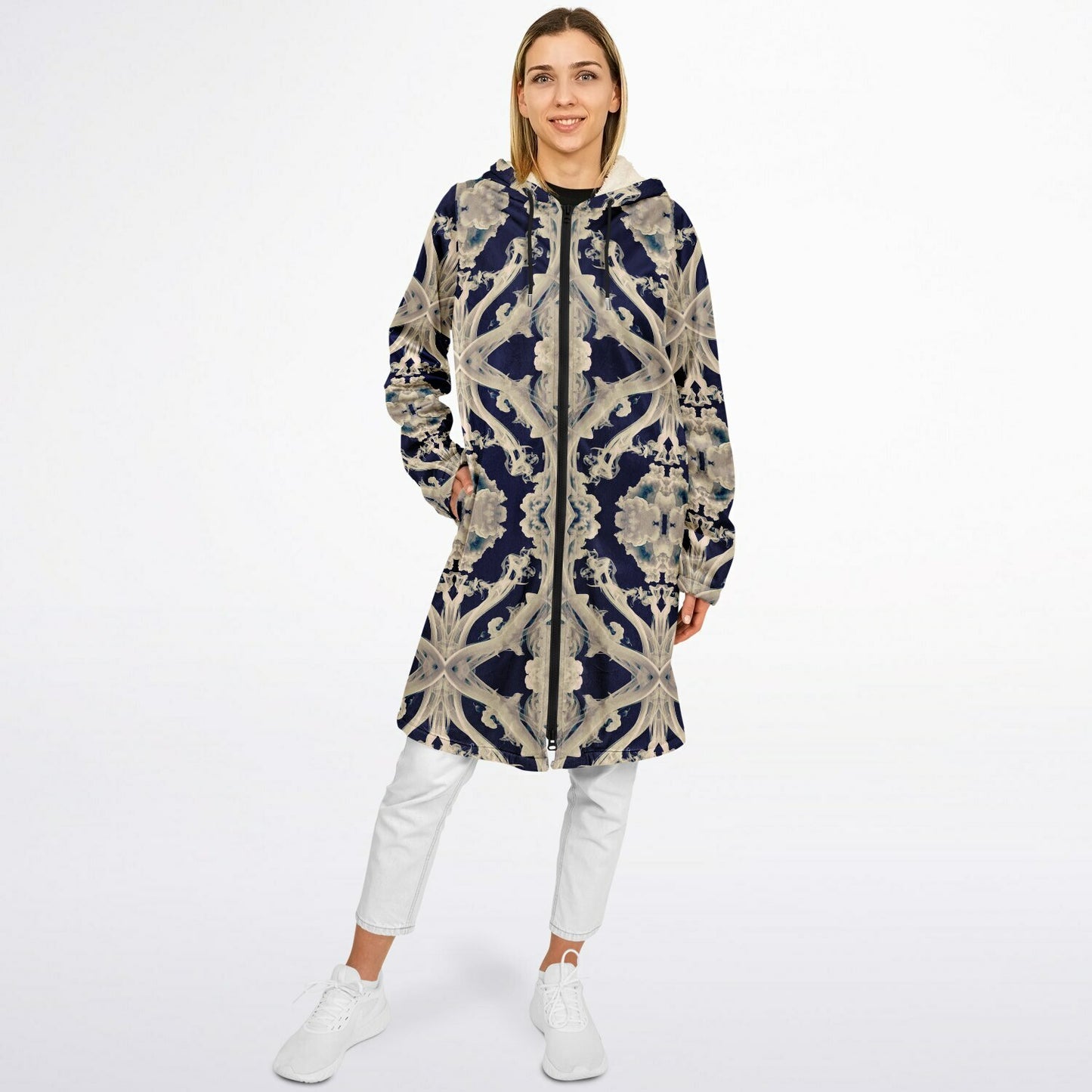 Clear Smoke Cymatic Zip Cloak – Sleek, Futuristic & Ultra-Cozy Longline Jacket