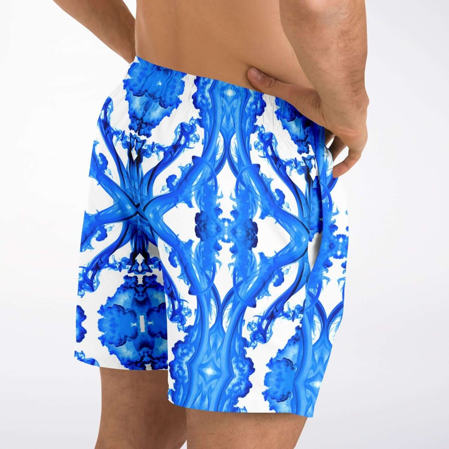 Ocean Blue Cymatic Men’s Swim Shorts featuring a vibrant blue and white design, ideal for stylish and performance-driven swimwear.
