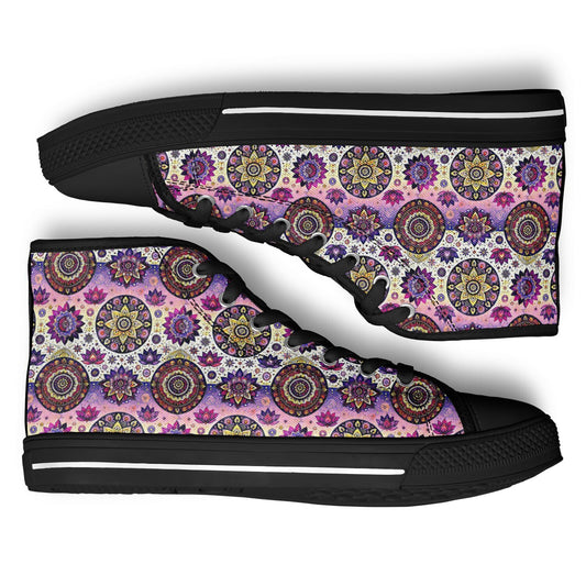 Geometric Pink & White High-Top Sneakers – All-Over Print Urban Streetwear, Trendy Casual Shoes