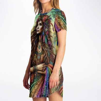 Spiritual Goddess Trinity Collection T-Shirt Dress – Vibrant All-Over Print (AOP) Featuring Unique Faces for Boho Chic Comfort