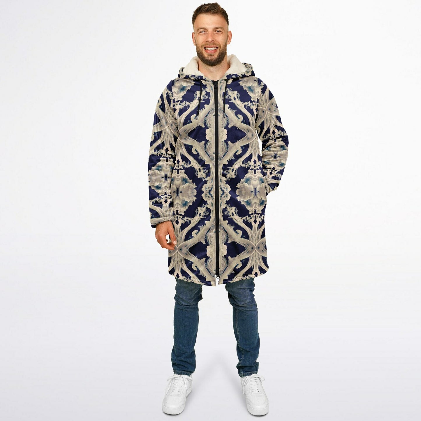 Clear Smoke Cymatic Zip Cloak – Sleek, Futuristic & Ultra-Cozy Longline Jacket