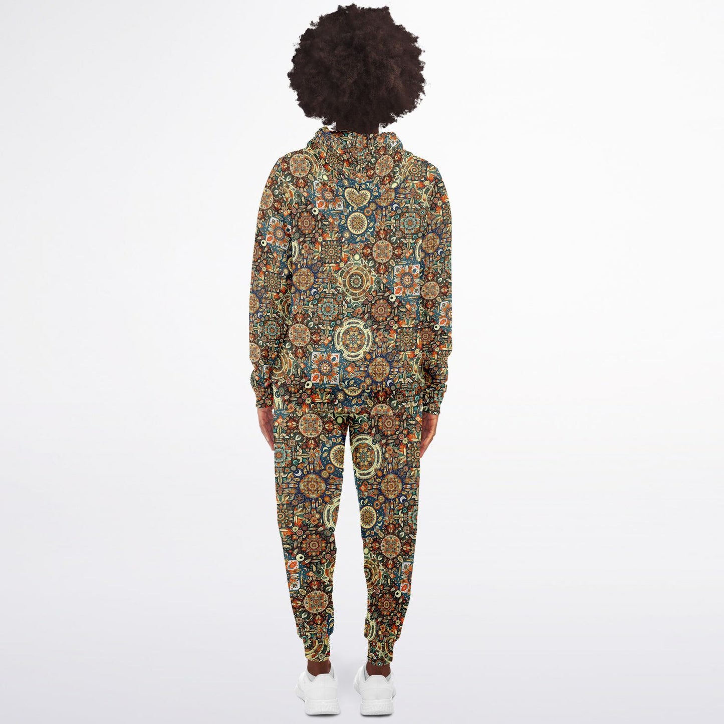 Boho Patchwork Zip Hoodie & Jogger Set – Bohemian Style Loungewear, Trendy All-Over Print Tracksuit, Casual Streetwear & Comfortable Activewear