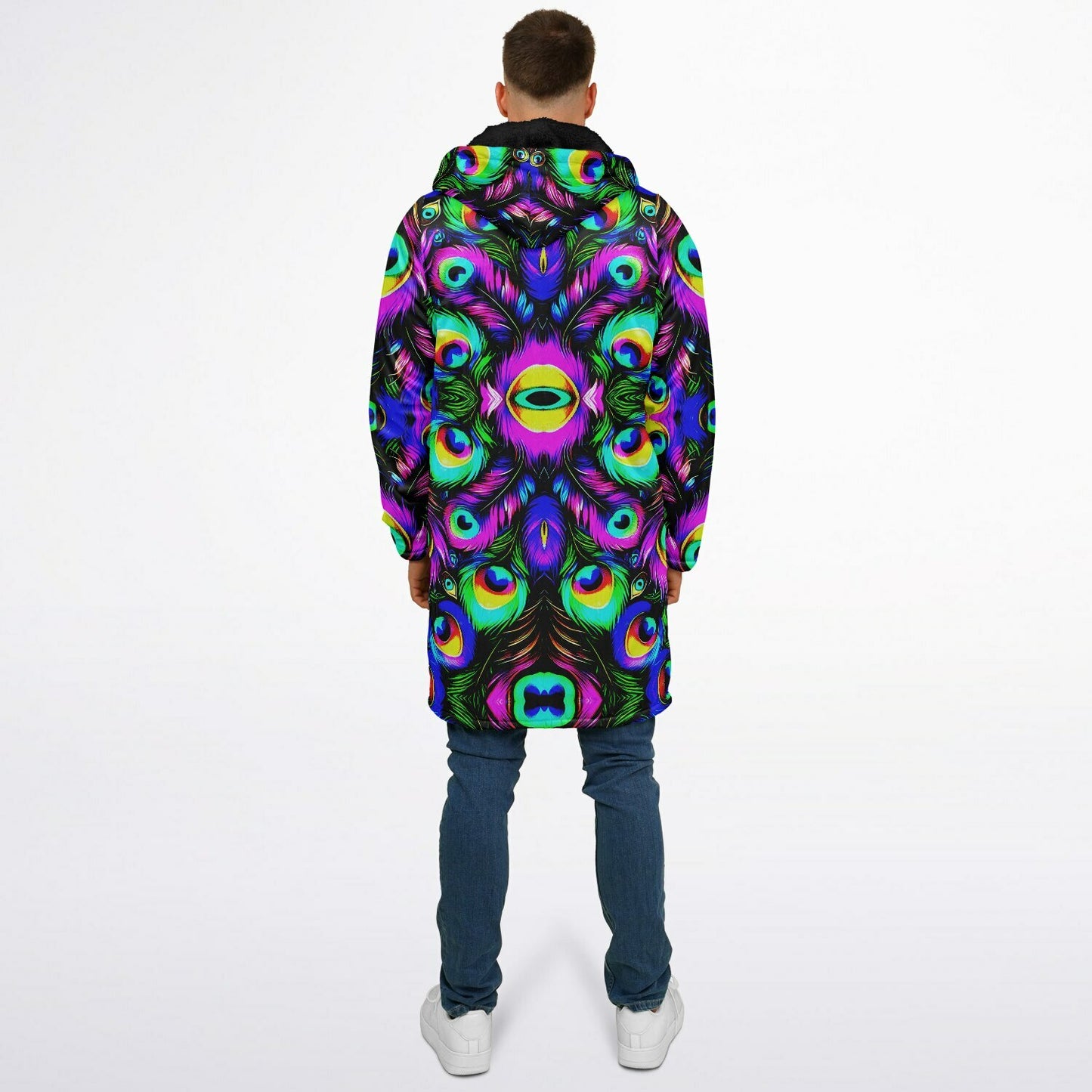 Psychedelic Peacock Print Zipper Cloak - Bold, Vibrant All-Over Design | Luxurious Comfort & Striking Style