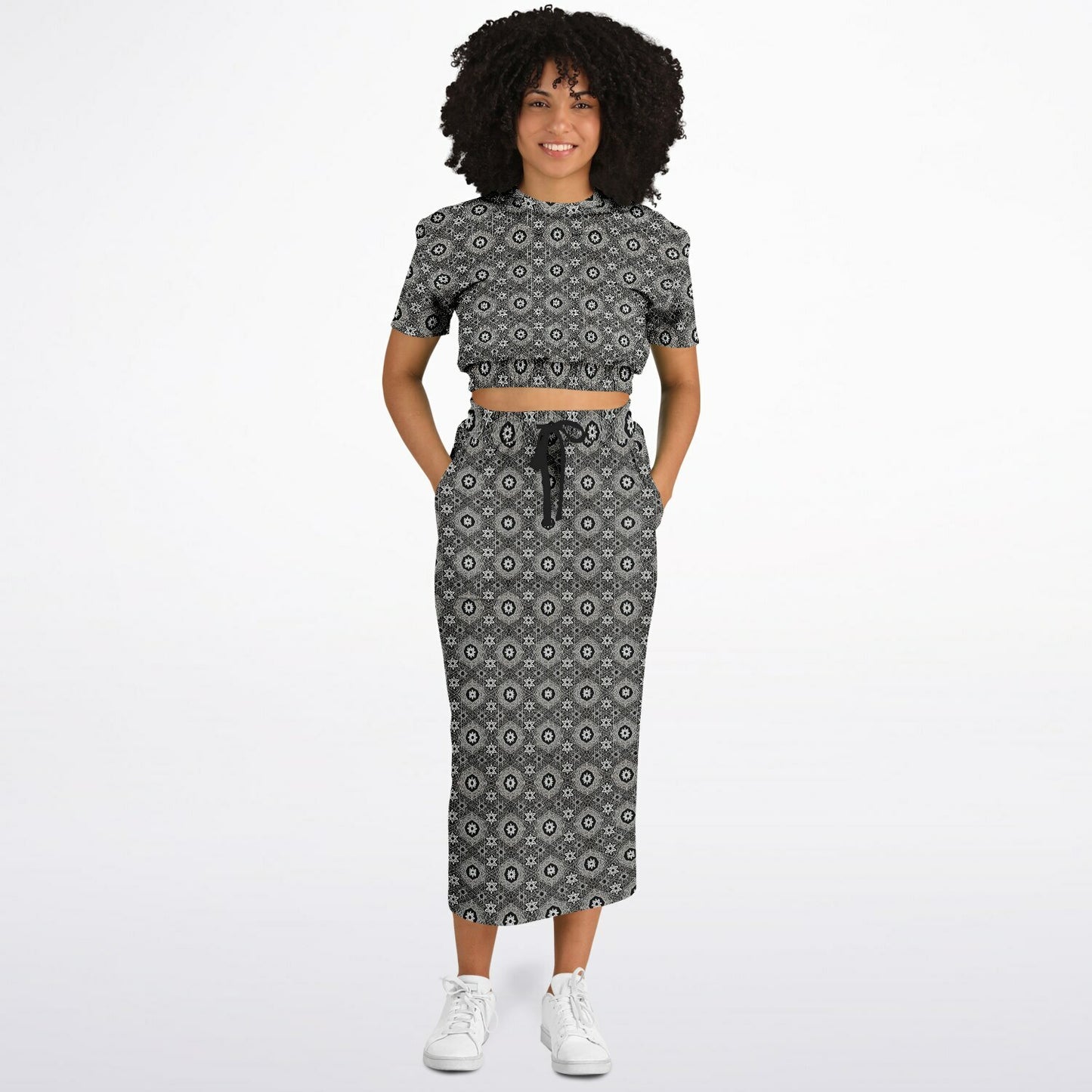 Geometric Grey Pattern Cropped Sweatshirt & Long Pocket Skirt Set – Minimalist Two-Piece Co-ord for Streetwear & Loungewear (AOP)