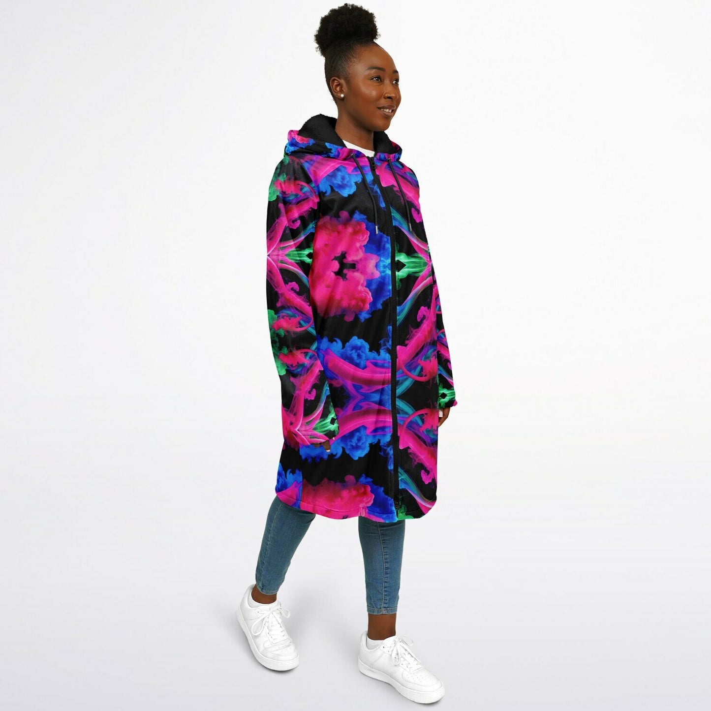 Neon Spectrum Cymatic Zip Cloak – Bold, Futuristic & Ultra-Cozy Longline Jacket