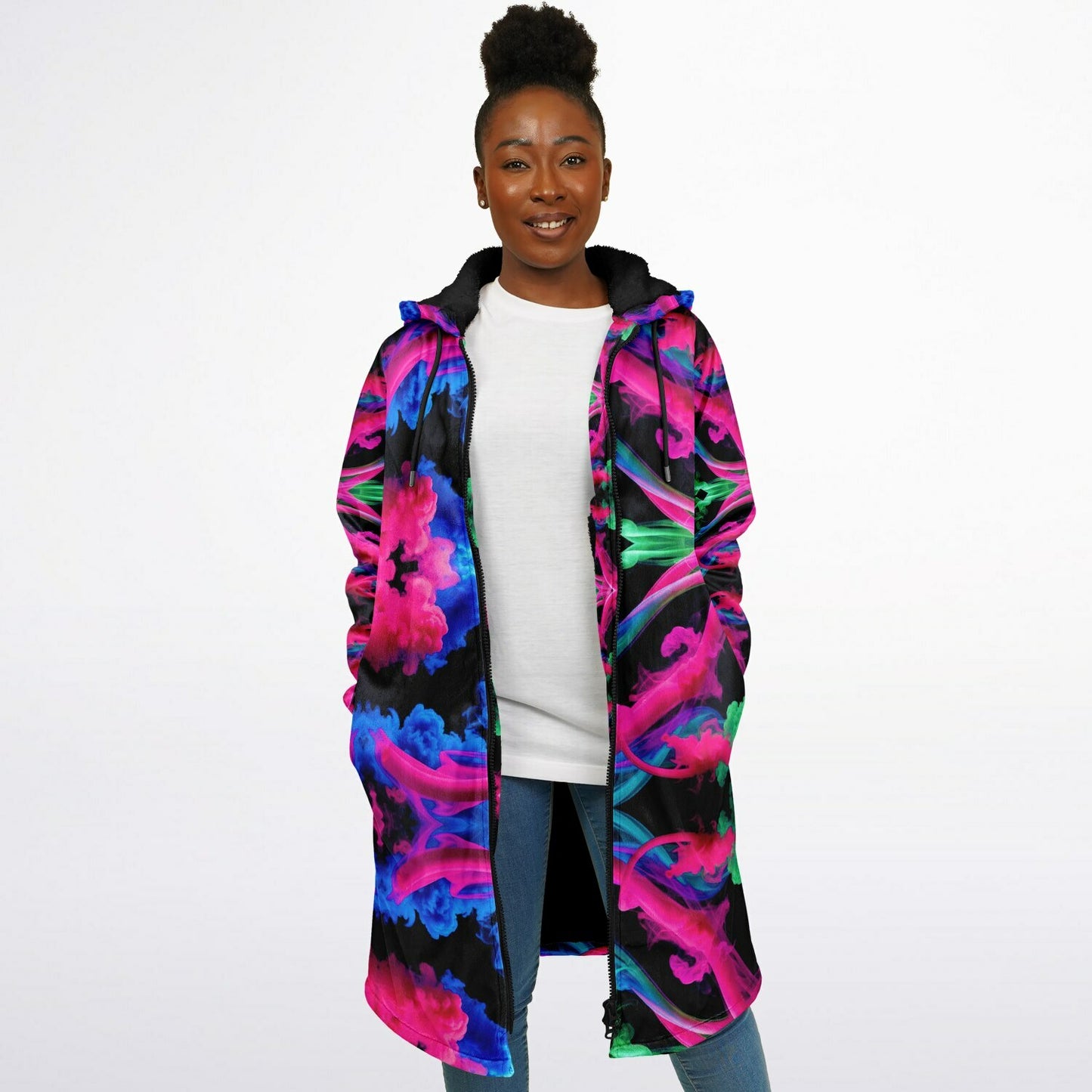 Neon Spectrum Cymatic Zip Cloak – Bold, Futuristic & Ultra-Cozy Longline Jacket