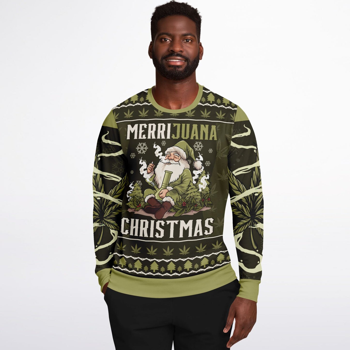 Funny Cannabis Christmas Sweatshirt – “Merrijuana” Weed Santa Jumper, Stoner Holiday Gift Idea