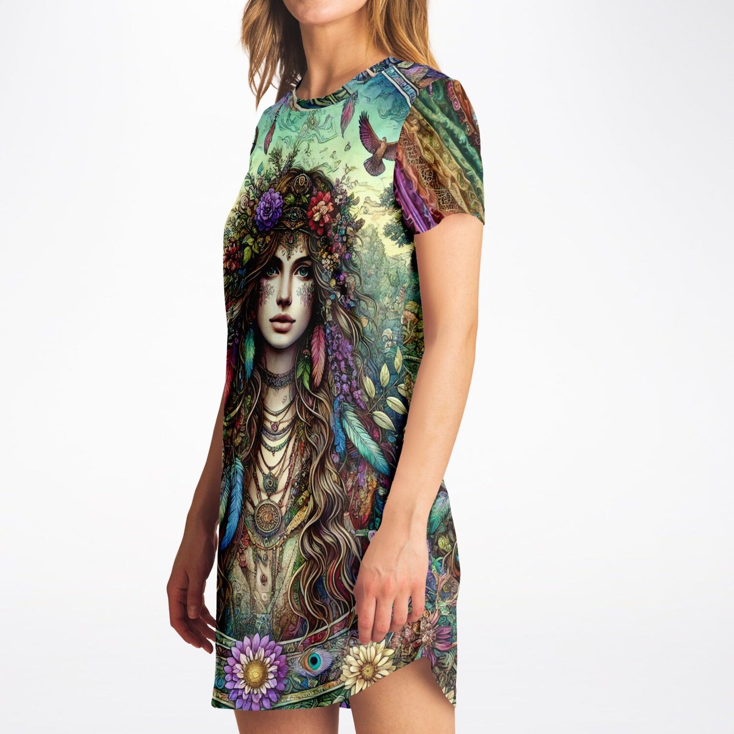Spiritual Goddess Trinity Collection T-Shirt Dress – Vibrant All-Over Print (AOP) Featuring Unique Faces for Boho Chic Comfort