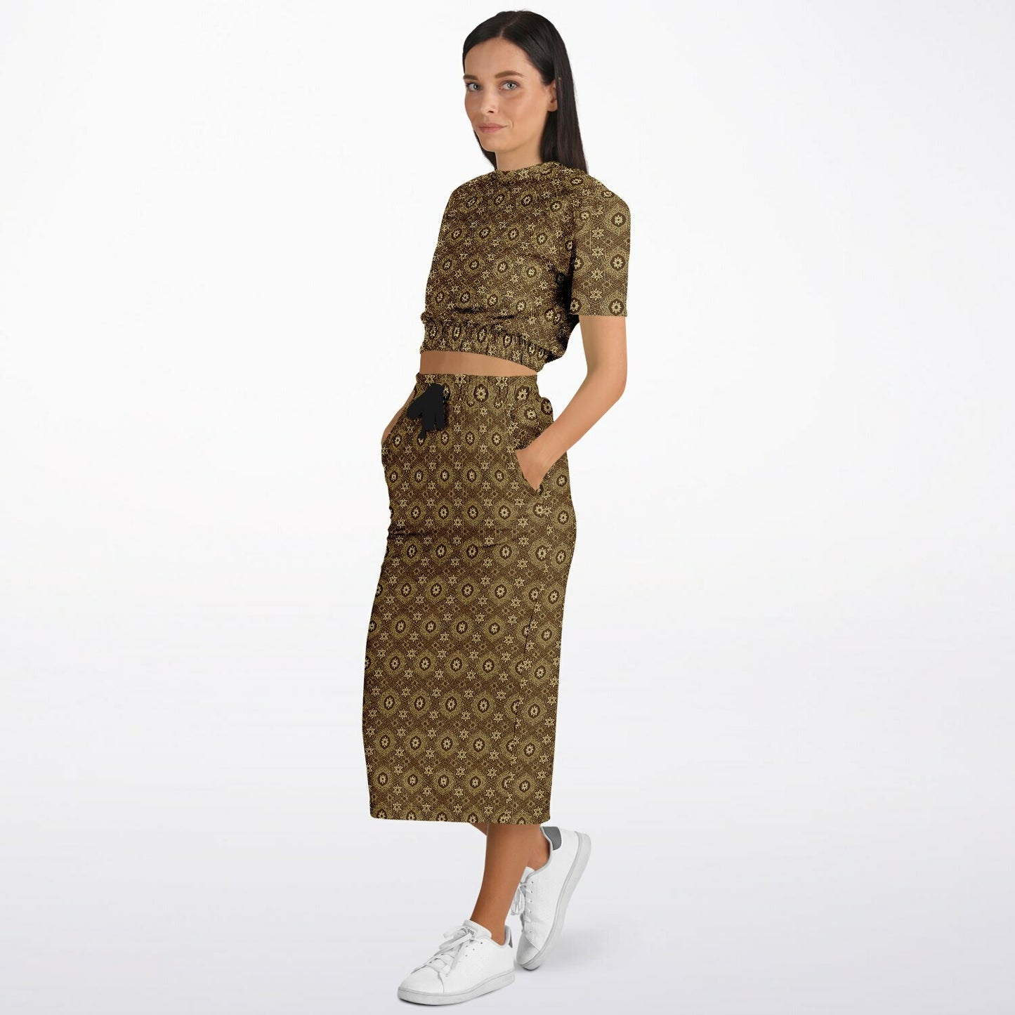 Geometric Gold Pattern Cropped Sweatshirt & Long Pocket Skirt Set – Bold Two-Piece Co-ord for Streetwear, Loungewear & Casual Outfits (AOP)