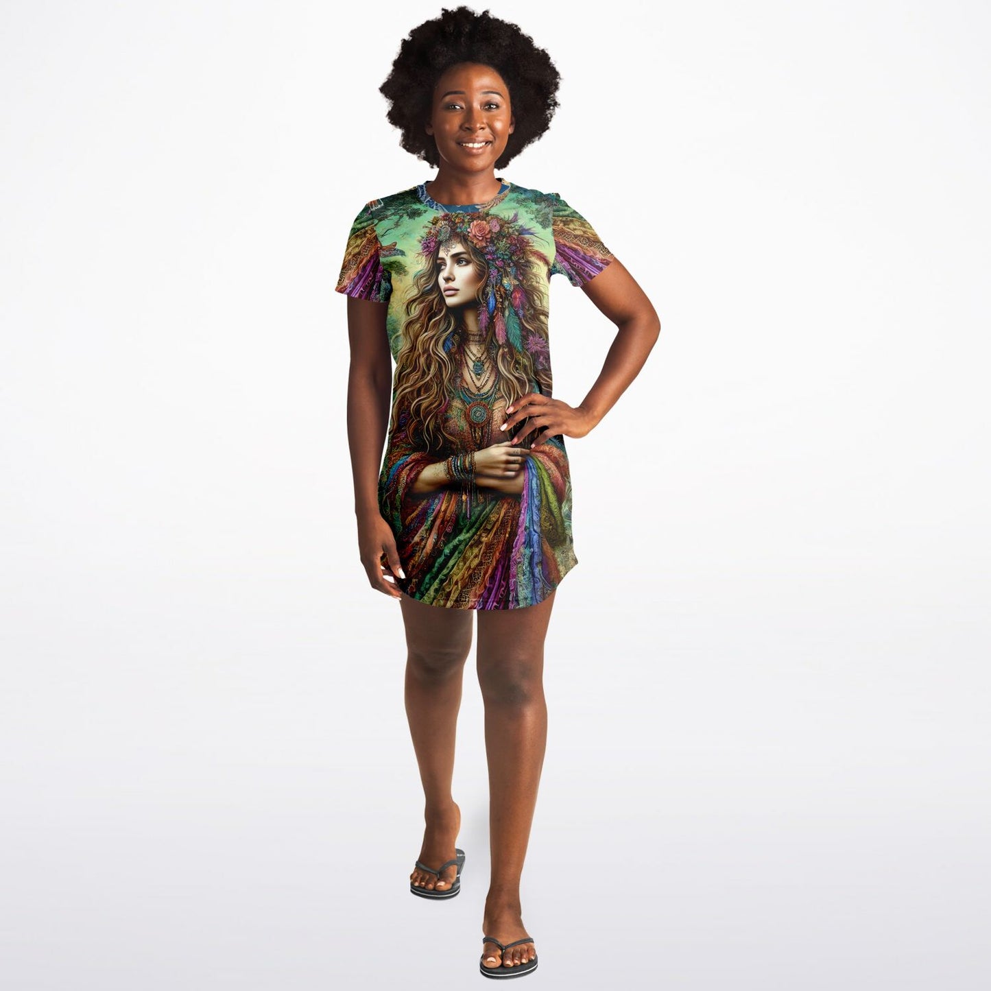 Spiritual Goddess Trinity Collection T-Shirt Dress – Vibrant All-Over Print (AOP) Featuring Unique Faces for Boho Chic Comfort