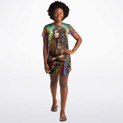 Spiritual Goddess Trinity Collection T-Shirt Dress – Vibrant All-Over Print (AOP) Featuring Unique Faces for Boho Chic Comfort