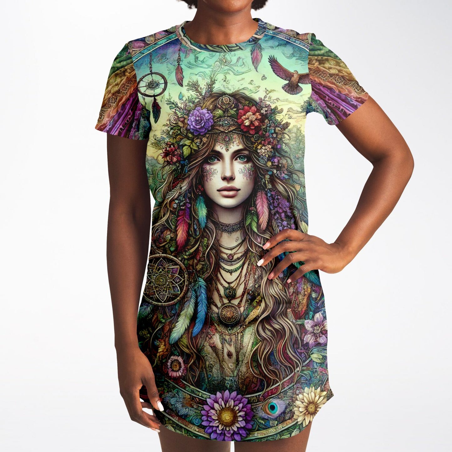 Spiritual Goddess Trinity Collection T-Shirt Dress – Vibrant All-Over Print (AOP) Featuring Unique Faces for Boho Chic Comfort