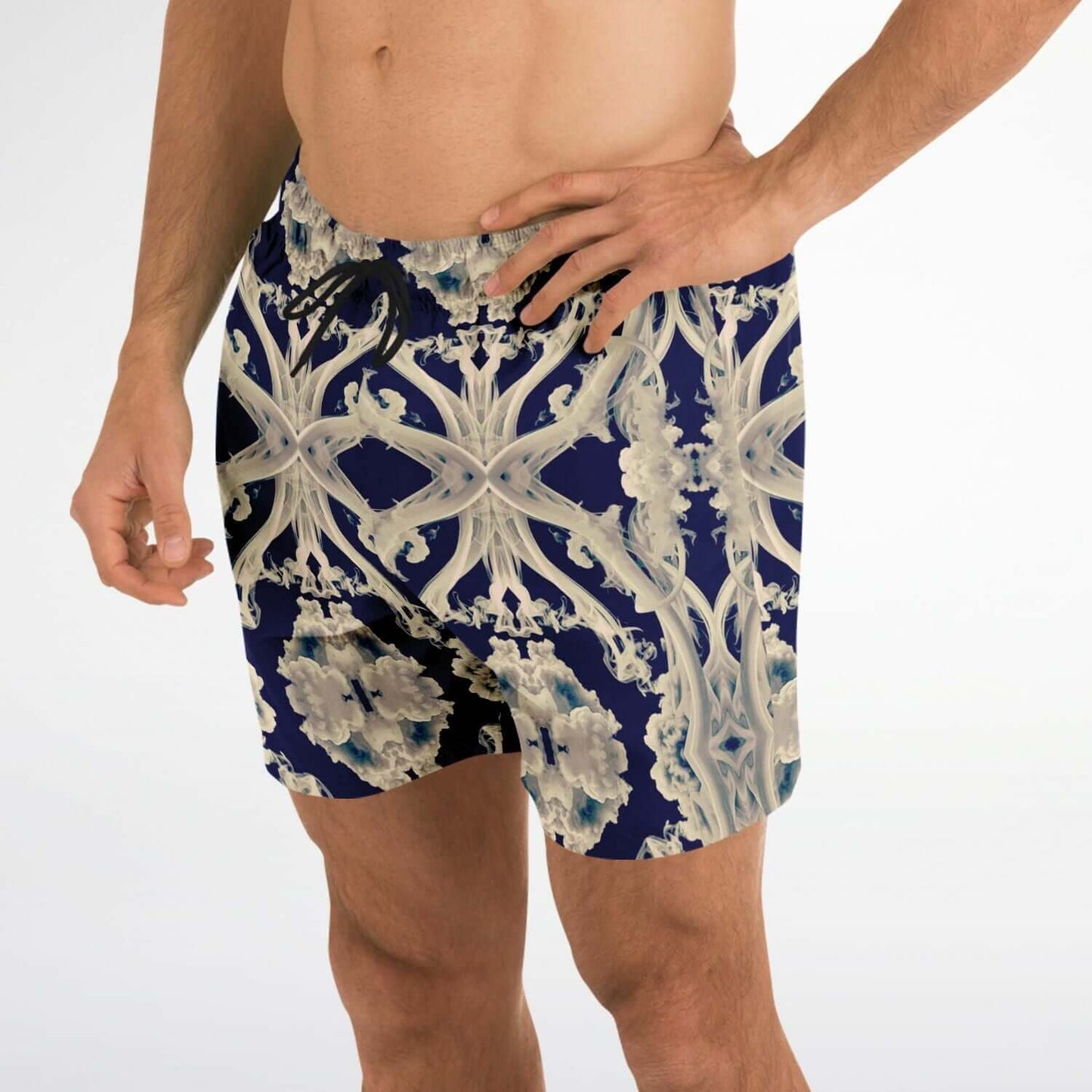 Clear Smoke Cymatic Men’s Swim Trunks – Futuristic, Quick-Dry & Stylish Above-the-Knee Swimwear