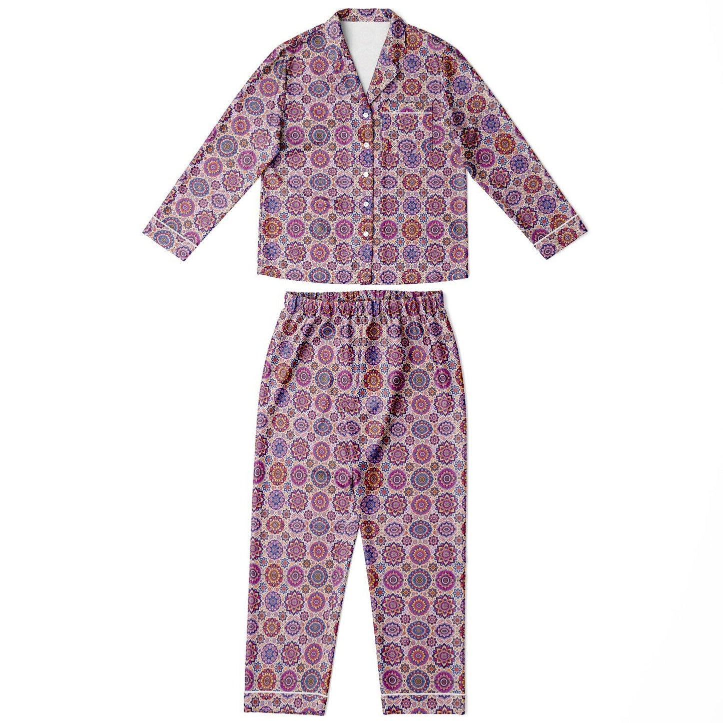 Luxury Pink Geometric Women’s Satin Pyjamas – All-Over Print Elegant Sleepwear, Soft & Comfortable Pajama Set for Women