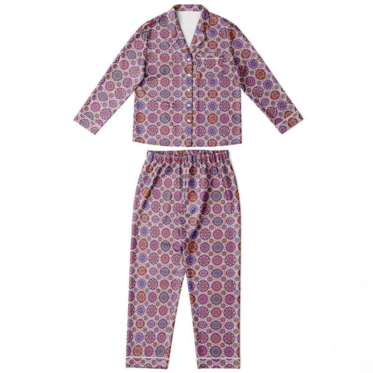 Luxury Pink Geometric Women’s Satin Pyjamas – All-Over Print Elegant Sleepwear, Soft & Comfortable Pajama Set for Women
