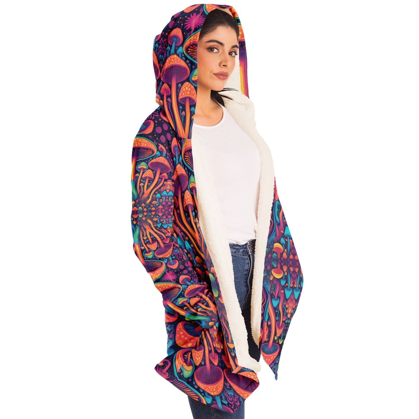 Magic Mushroom Micro-Fleece Cloak – Enchanting Psychedelic Hooded Blanket for Ultimate Comfort (AOP)