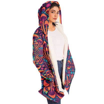 Magic Mushroom Micro-Fleece Cloak – Enchanting Psychedelic Hooded Blanket for Ultimate Comfort (AOP)