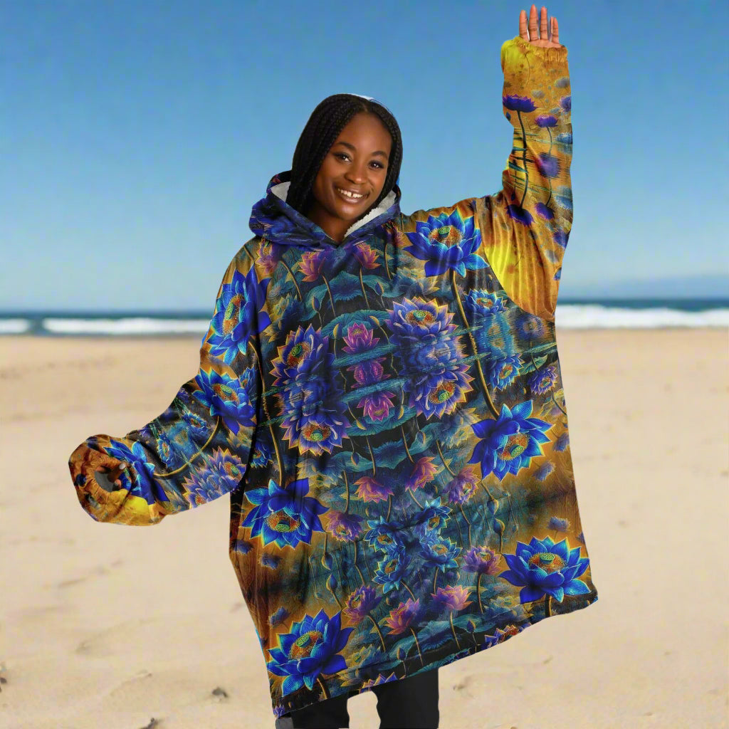 Blue Lotus Flower Snug Hoodie – Oversized Fleece-Lined Wearable Blanket, Unisex Cozy Loungewear (One-Size Fits Up to 5XL)