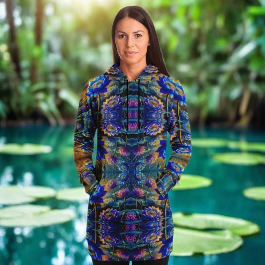 Blue Lotus Flower, Female, Longline Hoodie – Boho-Inspired All-Over Print Hoodie for Streetwear, Loungewear, Everyday Comfort (AOP)