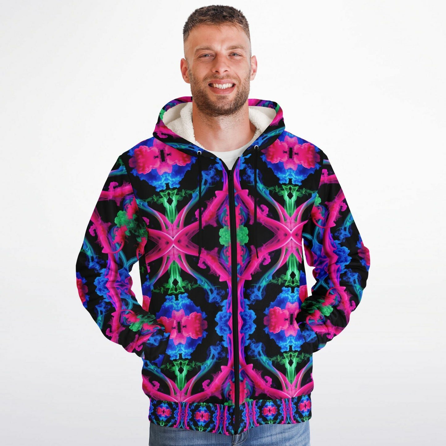 Neon Spectrum Cymatic Microfleece Zip Hoodie – Vibrant, Cozy & Bold All-Over Print Jacket