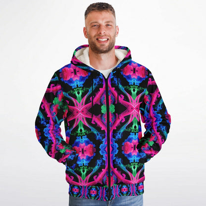 Neon Spectrum Cymatic Microfleece Zip Hoodie – Vibrant, Cozy & Bold All-Over Print Jacket