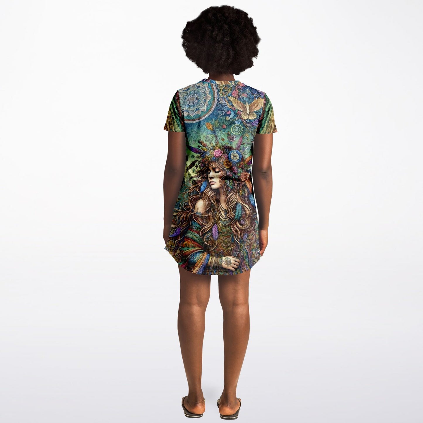 Spiritual Goddess Trinity Collection T-Shirt Dress – Unique Faces, Premium All-Over Print (AOP) for Boho Style and Comfort