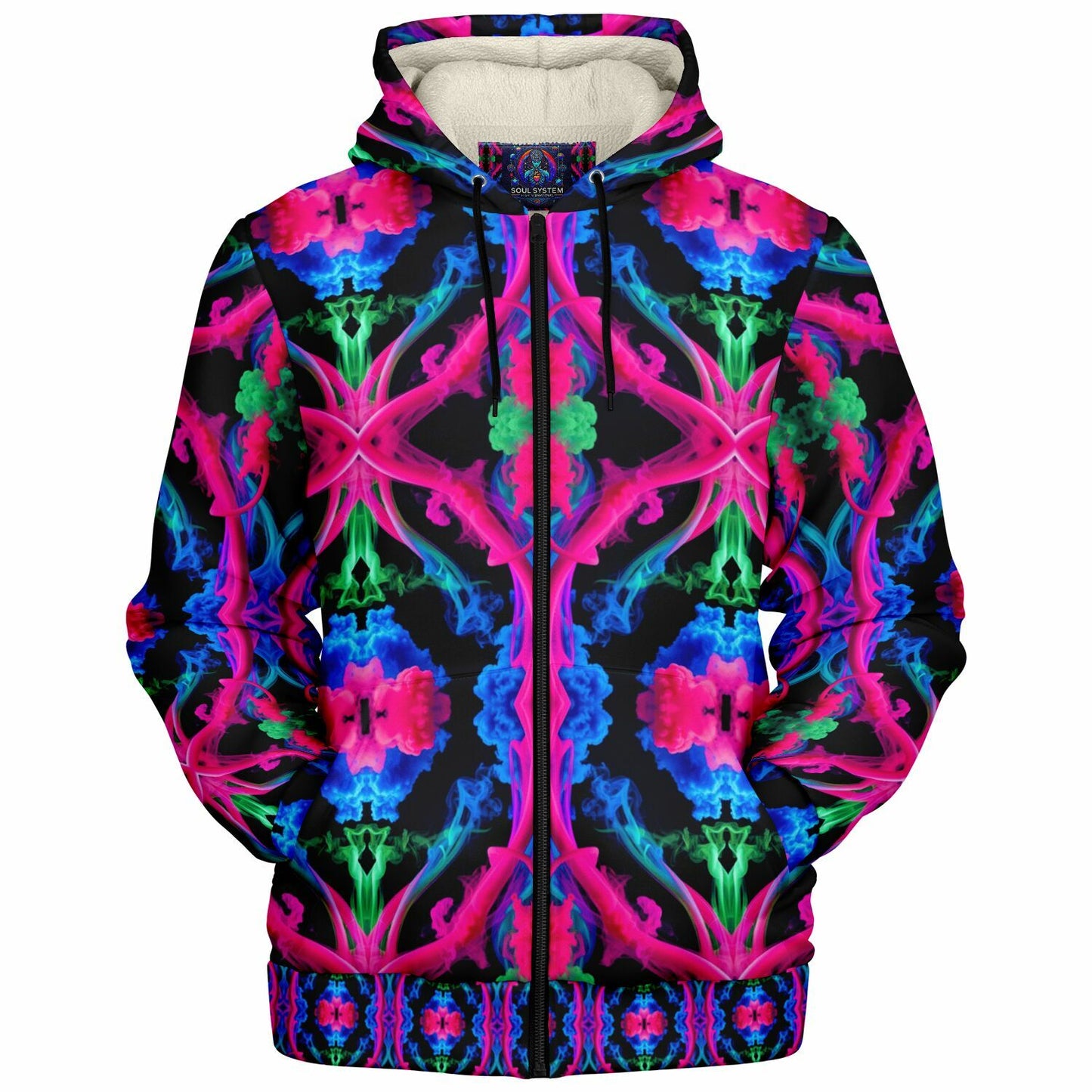 Neon Spectrum Cymatic Microfleece Zip Hoodie – Vibrant, Cozy & Bold All-Over Print Jacket