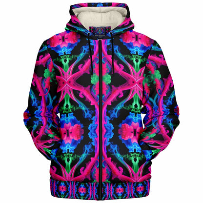 Neon Spectrum Cymatic Microfleece Zip Hoodie – Vibrant, Cozy & Bold All-Over Print Jacket